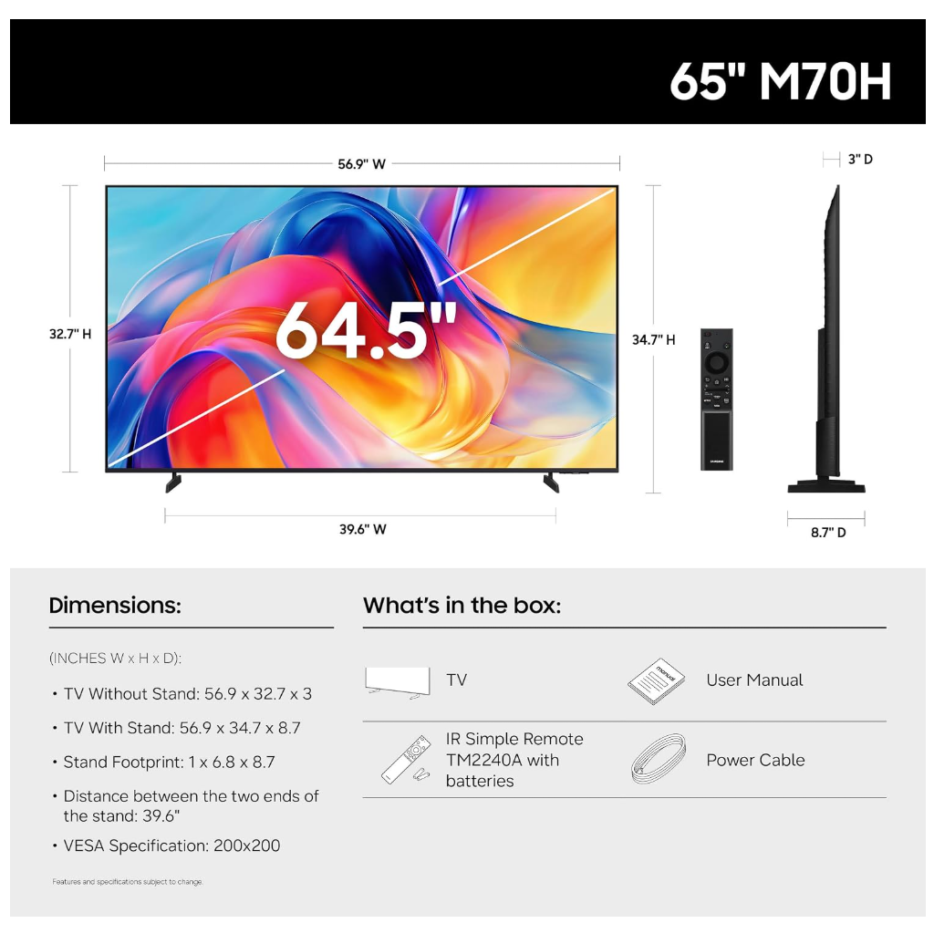 Samsung M70H 65” Mini LED 4K Smart TV – 2026