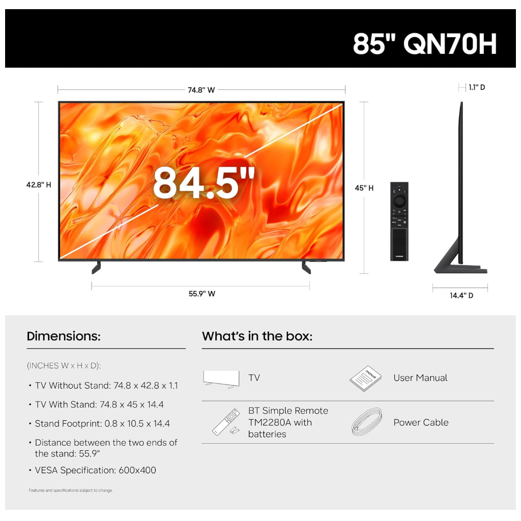 Samsung QN70H 85” Neo QLED Mini LED 4K Smart TV – 2026